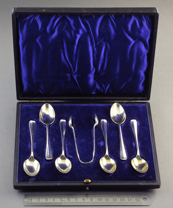 Wavy Rat Tail Hanoverian Victorian Silver Coffee Spoons (6) and Sugartongs Set